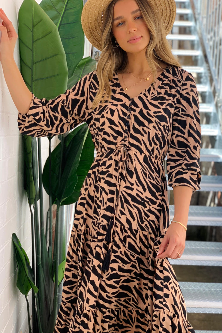 Addison Tiger Print Midi Dress in Black and Brown