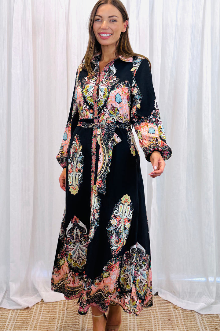 Gidget Long Sleeve Black Embroidered Print Dress in Long Sleeve