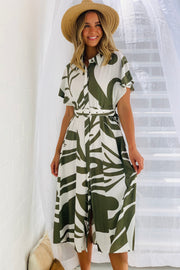 Majella Midi Dress in khaki and white Print with Belt