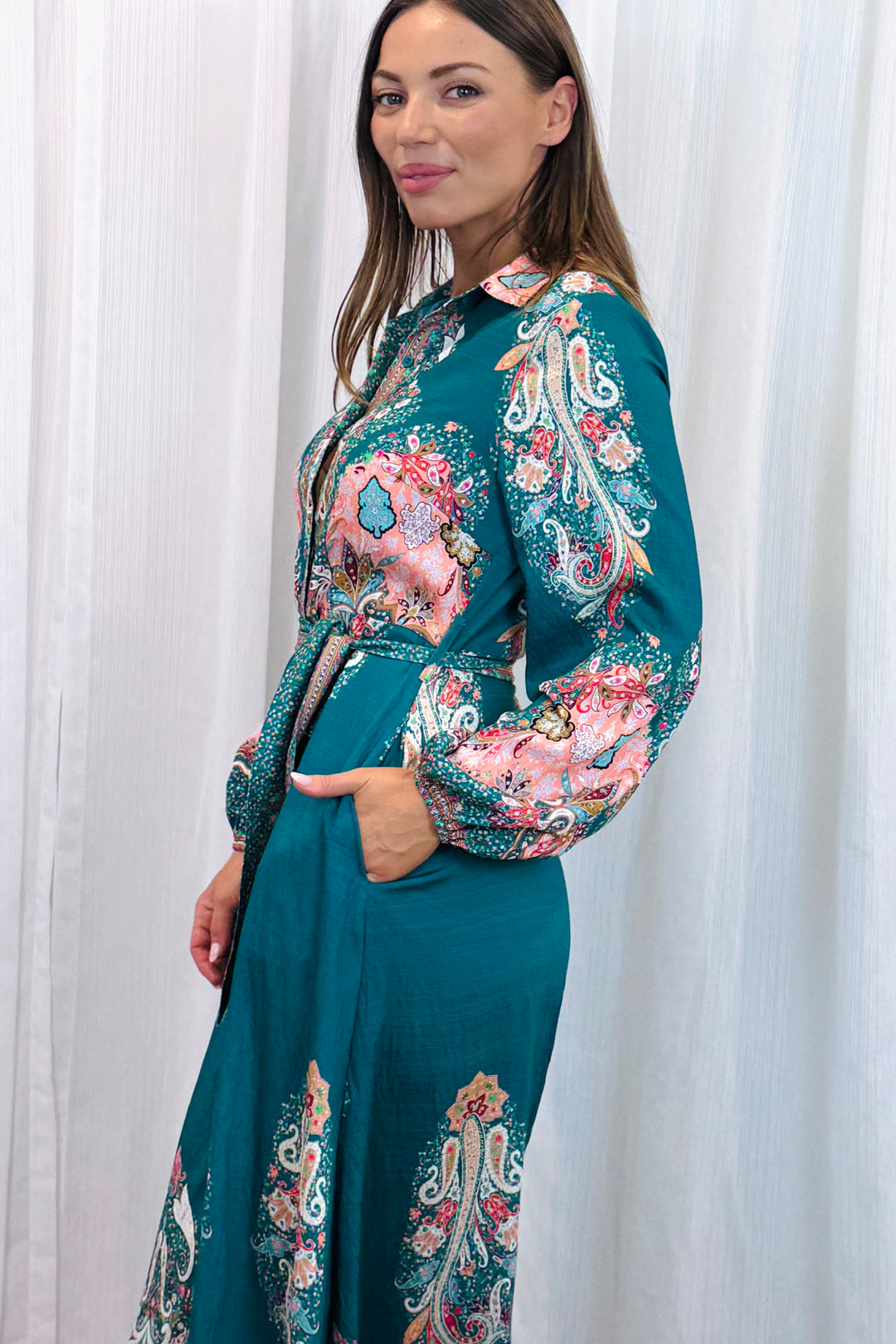 Gidget Dress  in Green Long Sleeve Print