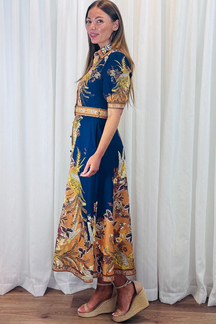 Marilyn Embroidered Print Maxi Dress in Navy.