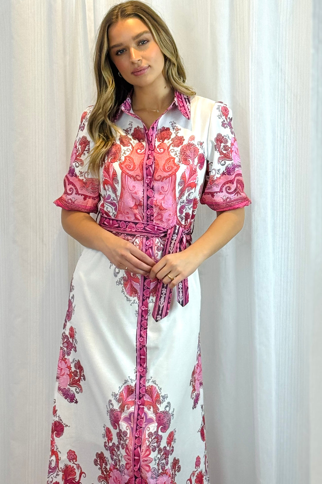 Portia Shirt Dress in White With Pink Embroidered Print