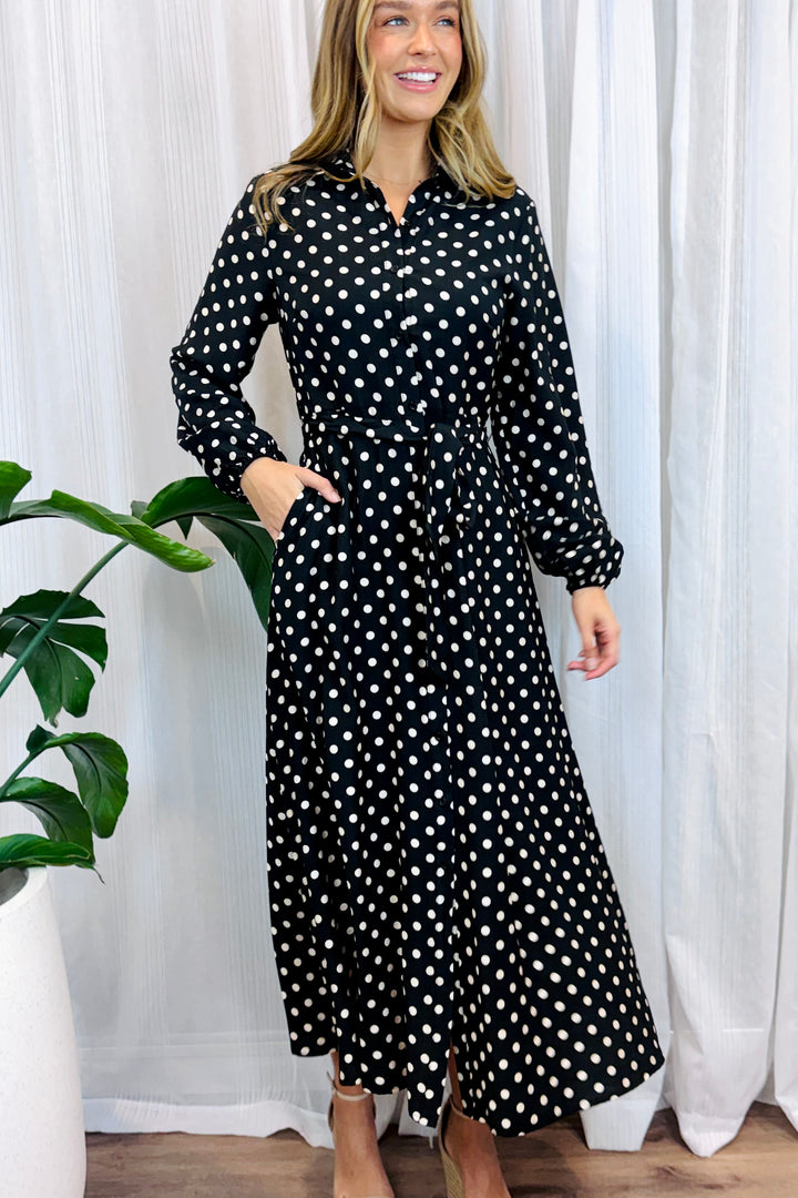 Tamika Polka Dot Dress in Black Long Sleeve