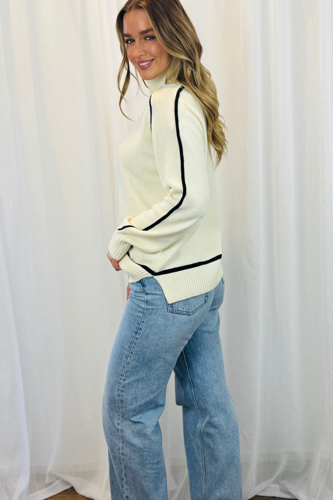 Angie High Neck Knit in Cream With Black Detail
