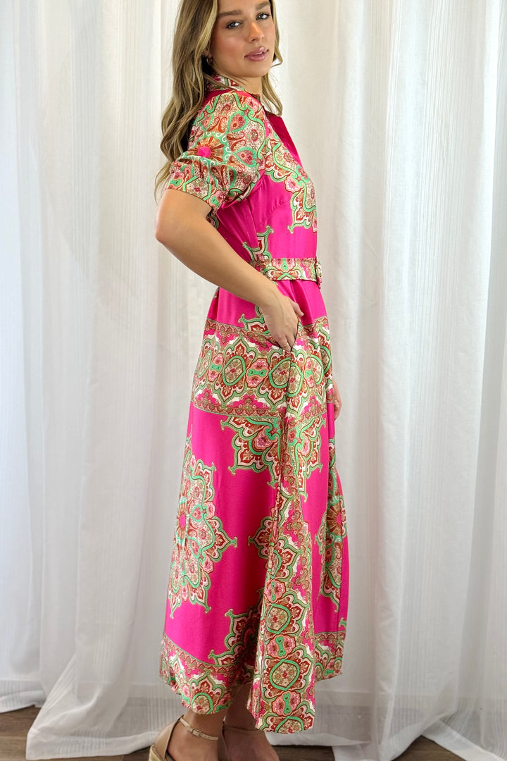 Angelina Hot Pink Embroidered Print Dress