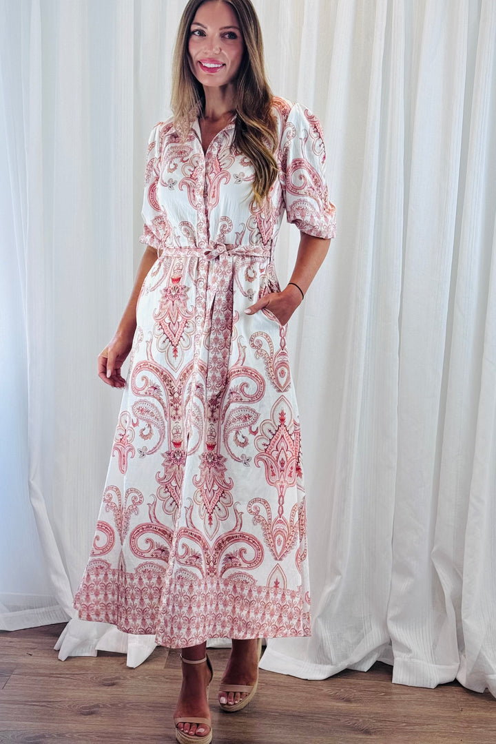 Lenni Paisley Shirt Dress in Off White and Claret Print
