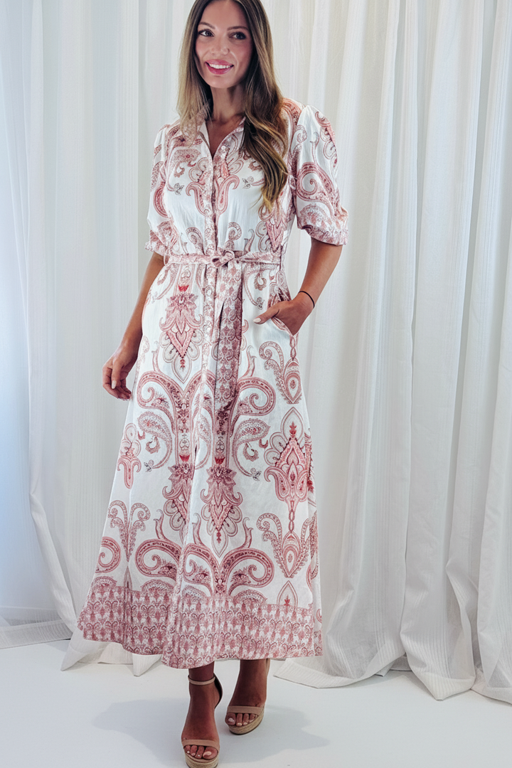 Lenni Paisley Shirt Dress in Off White and Claret Print