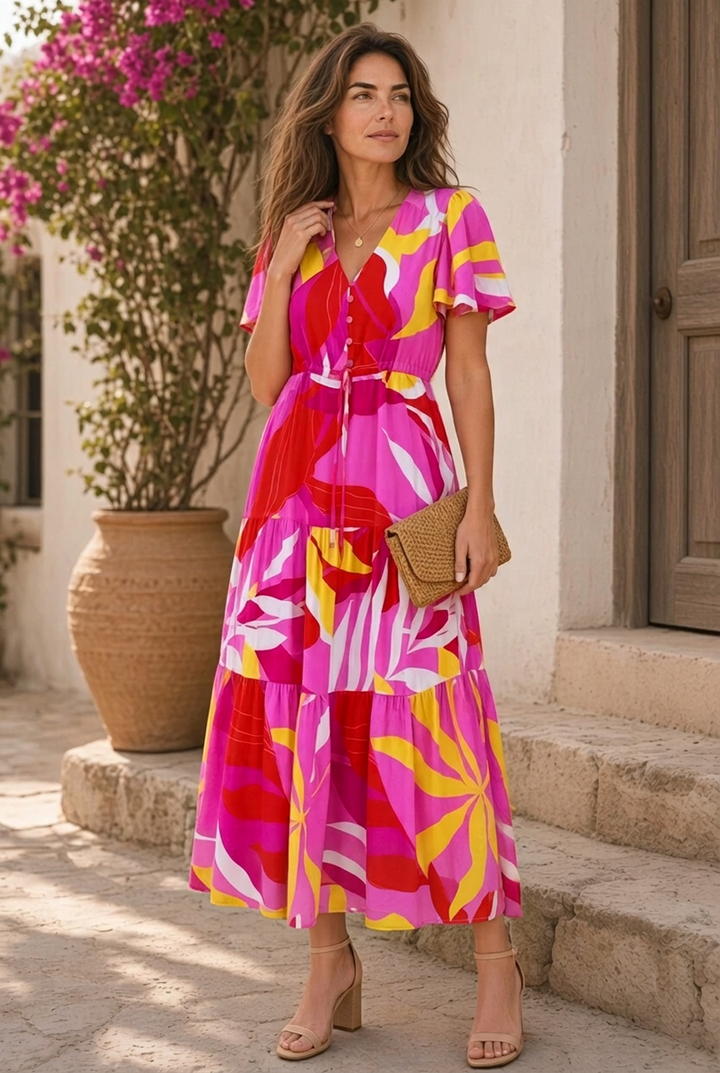Almalfi Print Drawstring Maxi  Dress in Pink and Yellow Tones
