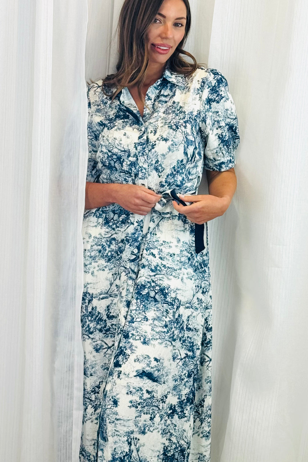 April Blue and Off White Multi Print Short Sleeve Dress