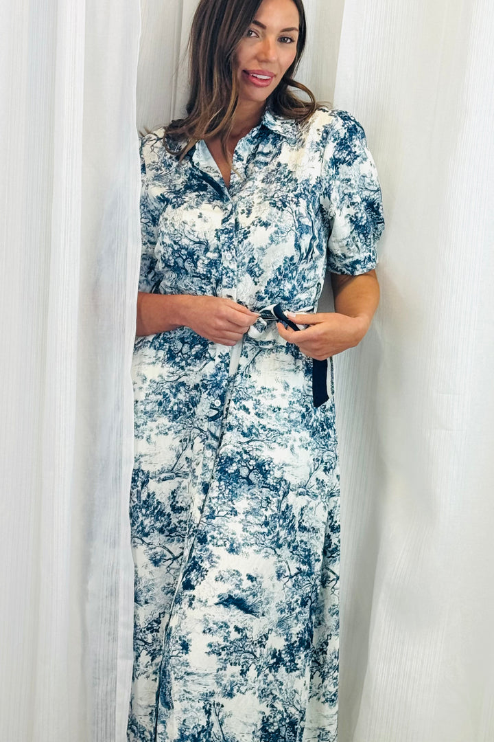 April Blue and Off White Multi Print Short Sleeve Dress