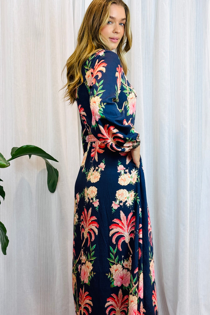 Maddison Long Sleeve Maxi Dress in Navy Print