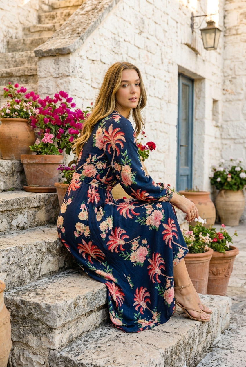 Maddison Long Sleeve Maxi Dress in Navy Print