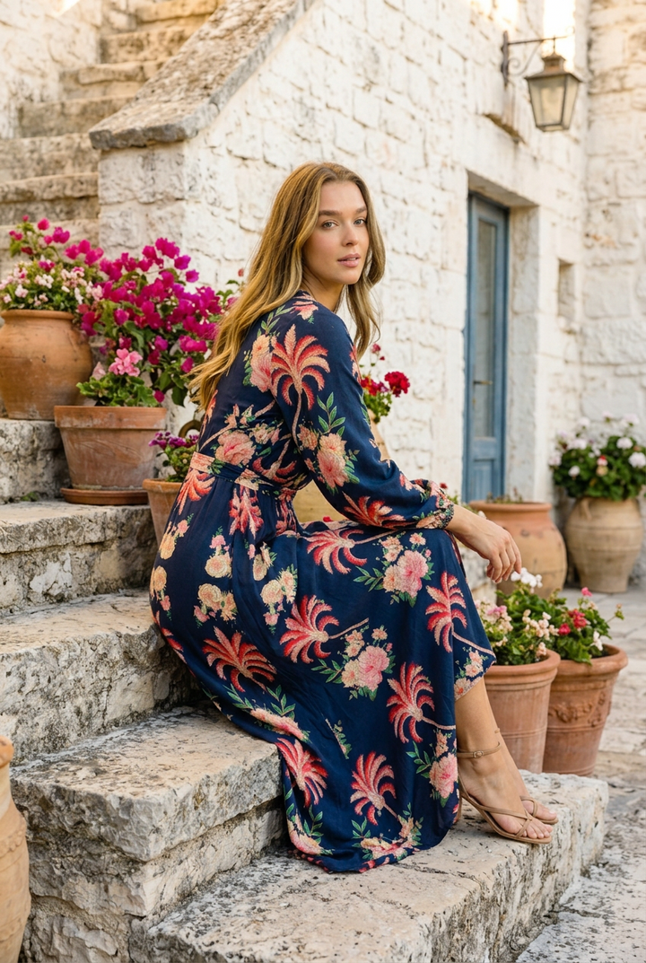 Maddison Long Sleeve Maxi Dress in Navy Print