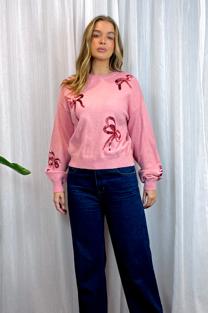 Morgan Knit Top in Rose Pink with Sequins