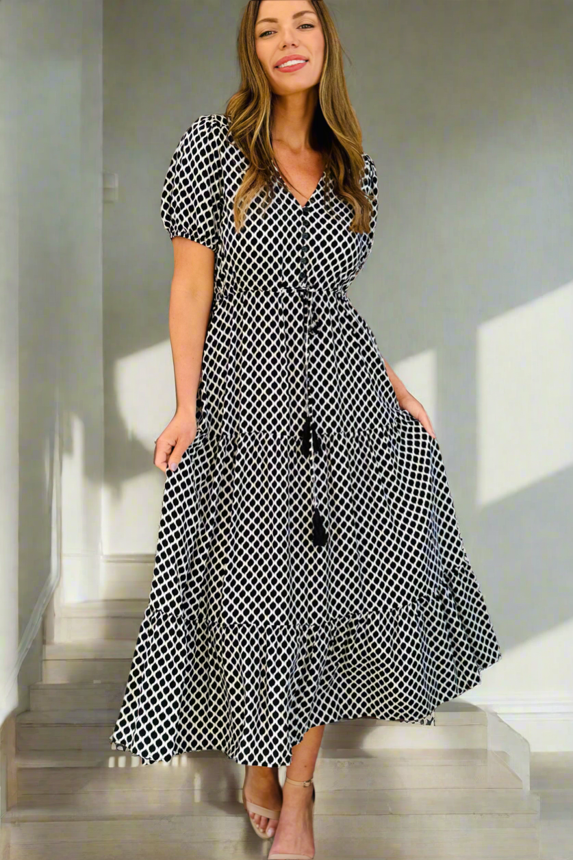 Chelsea Black and Cream Print Midi Dress