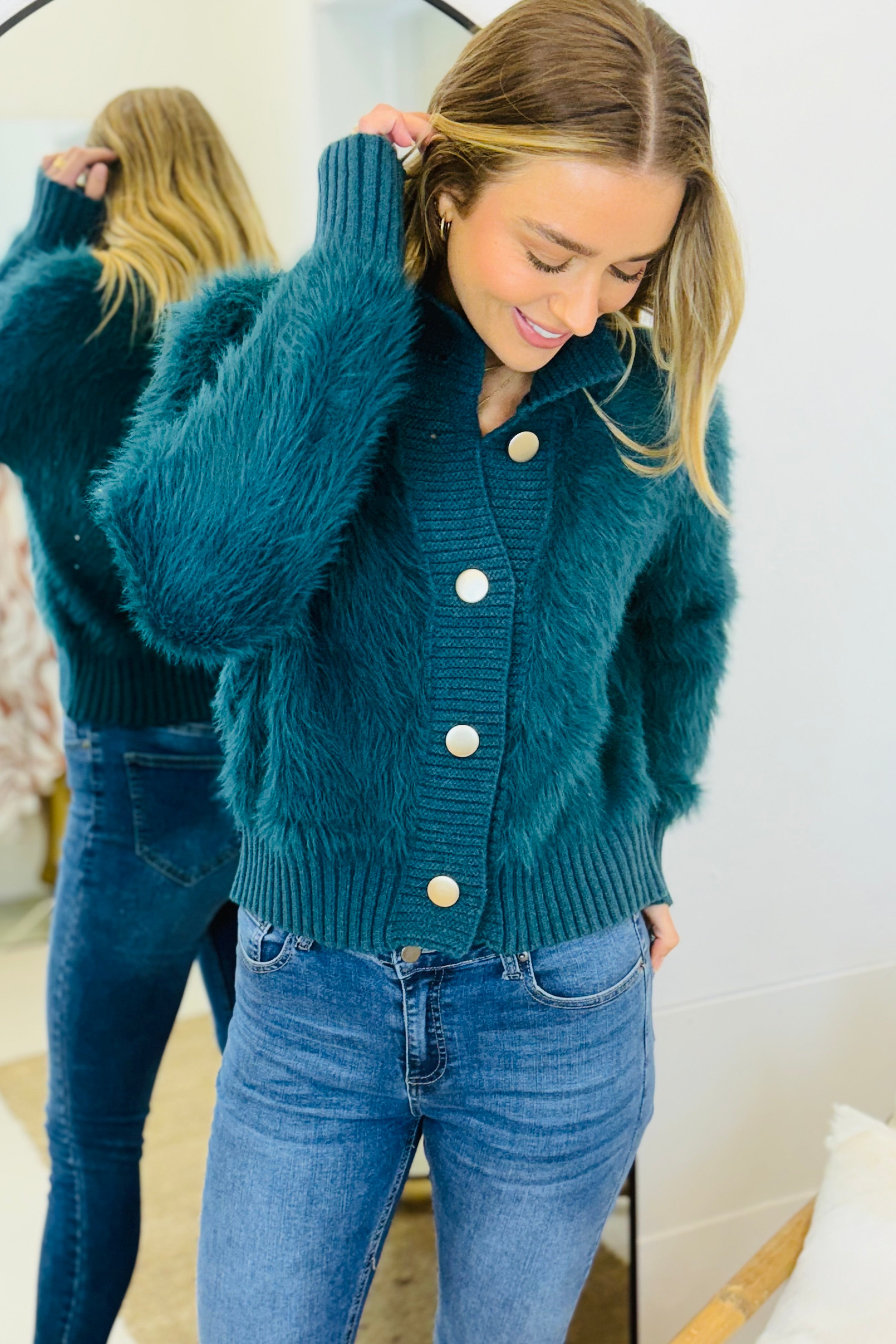 Erica Fluffy Cardi in Teal Green – Halo & Hutch