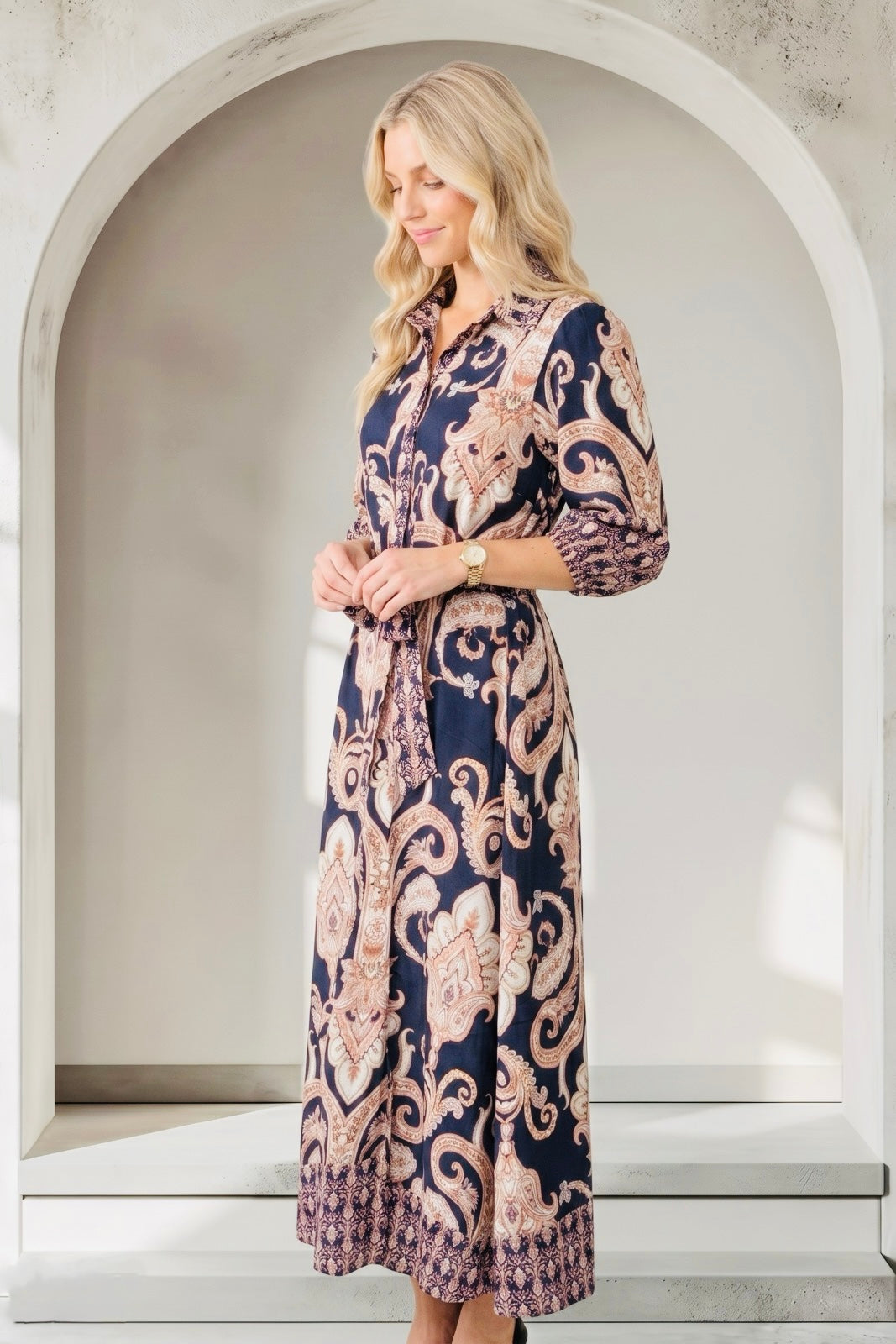 Lenni Paisley Dress in Dark Navy