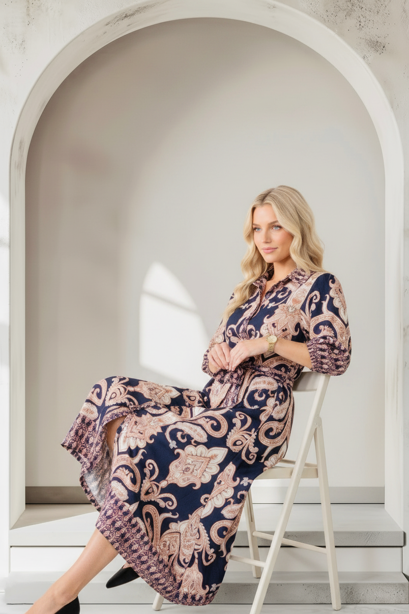 Lenni Paisley Dress in Dark Navy