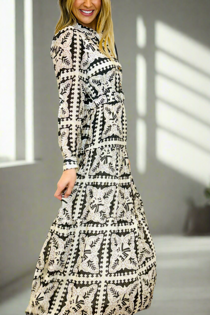 Amaya Long Sleeve Maxi Dress in Black and Cream Print