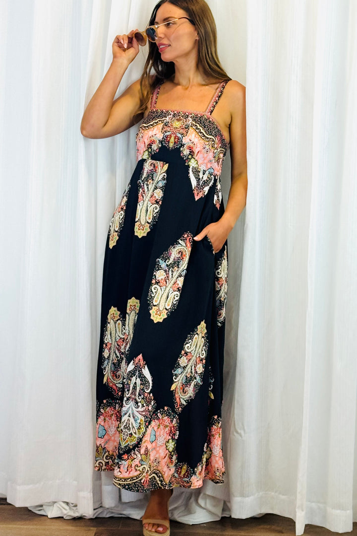 Positano Maxi in Black With Embroidery Multi Print