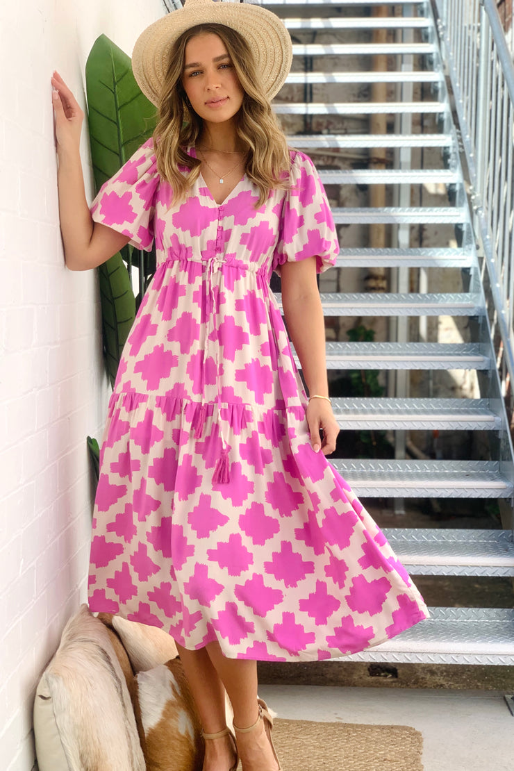 Tiayana Short Sleeve Drawstring Midi Dress in Pink Print