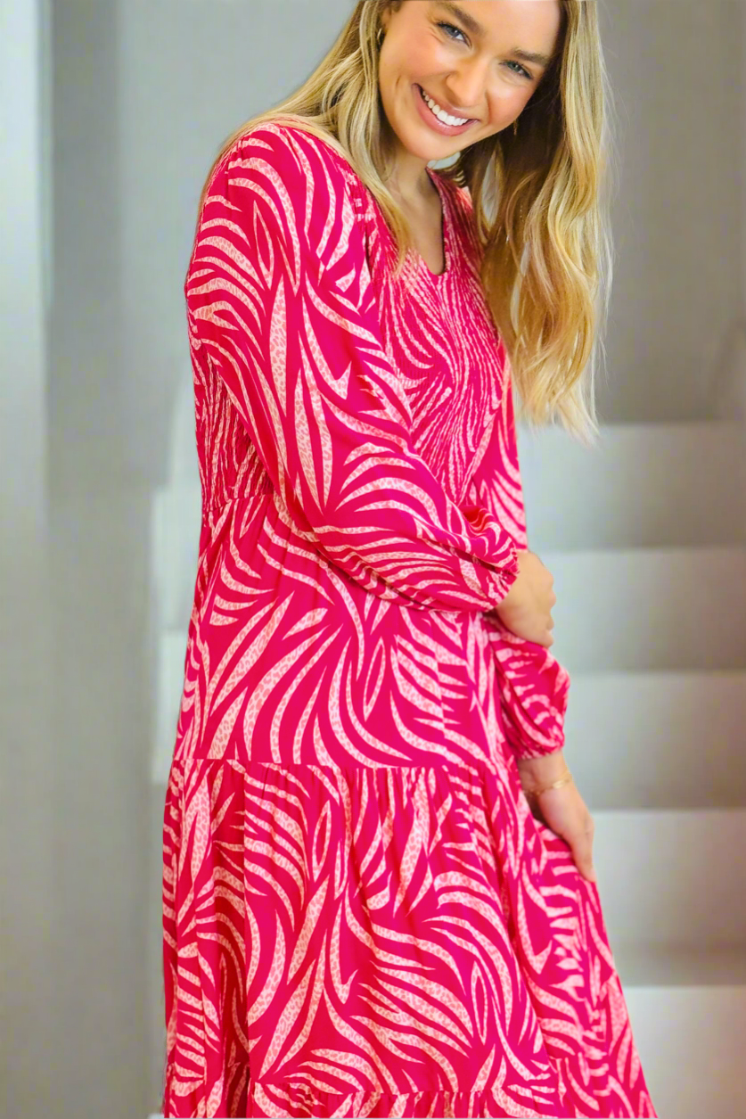 Mina Shirred Midi Dress In Hot Pink Print