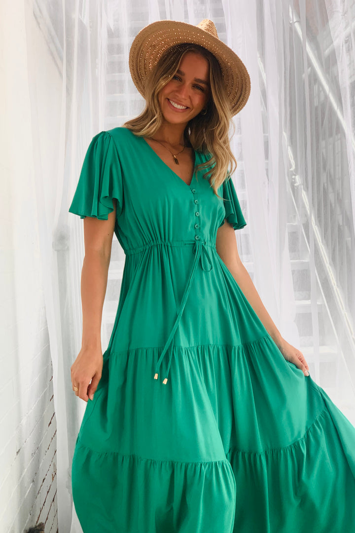 Santorini Short Sleeve Midi Dress in Green