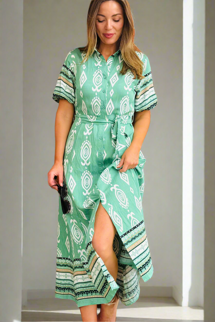 Erica Shirt Dress in Green  Batik Print