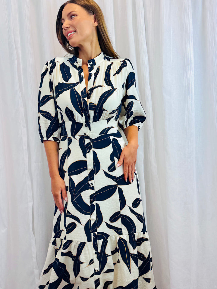 Ivy Dress in Navy and Off White  Multi Print
