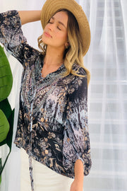 Eva Detailed Long Sleeve Beaded Top in Black