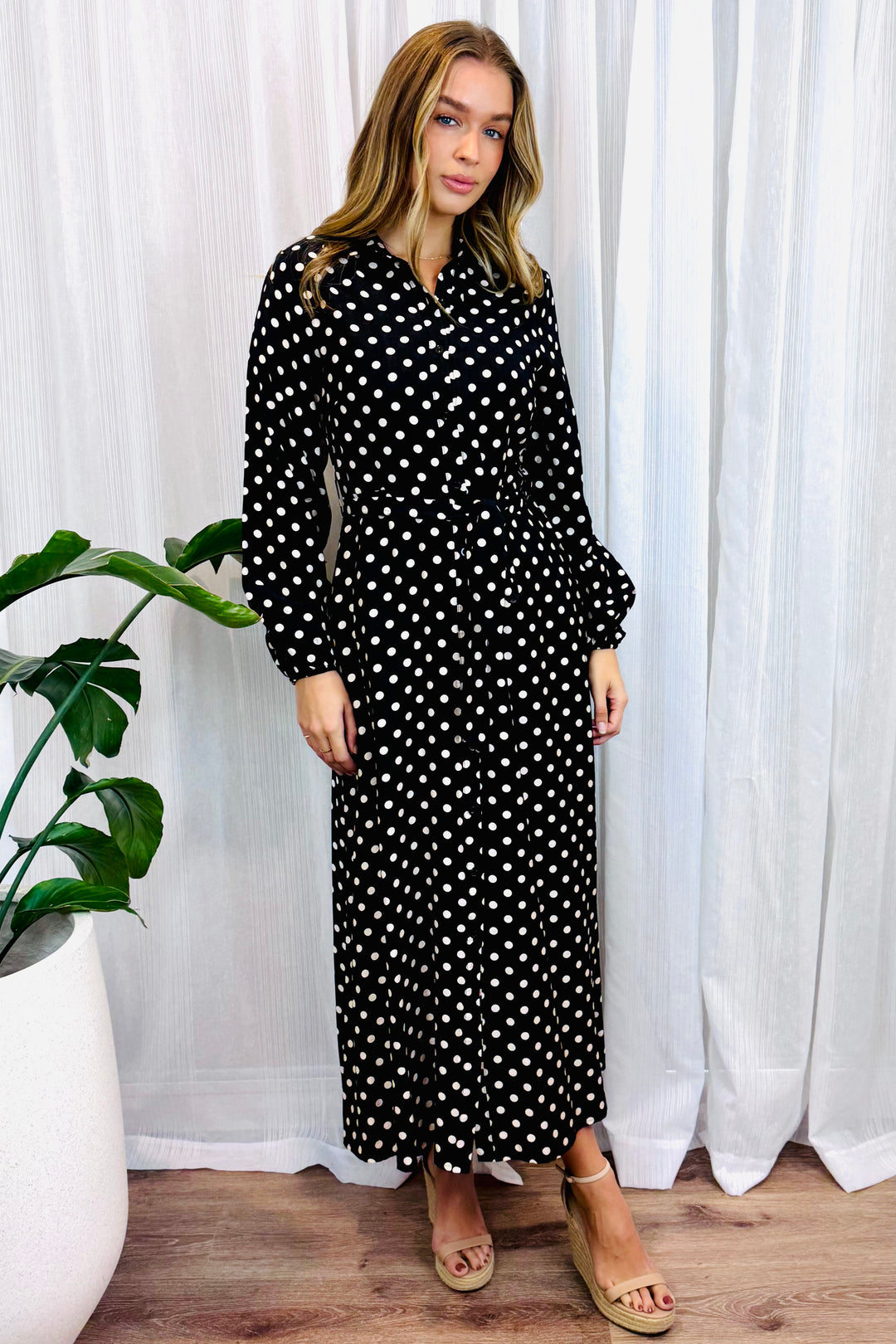 Tamika Polka Dot Dress in Black Long Sleeve