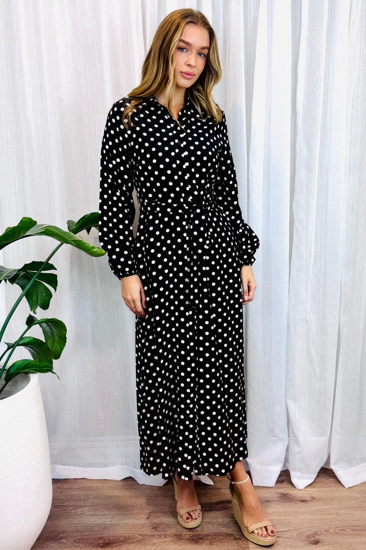 Tamika Polka Dot Dress in Black Long Sleeve