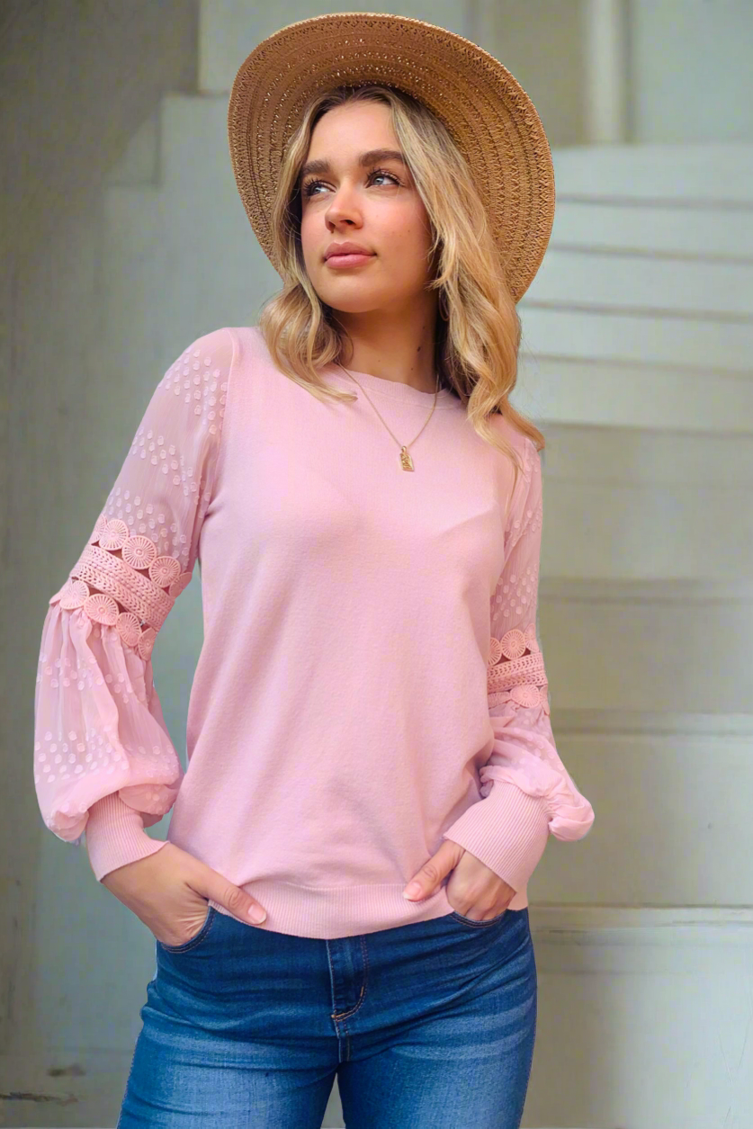 Molli Knit Top Detailed Sleeve in Pink