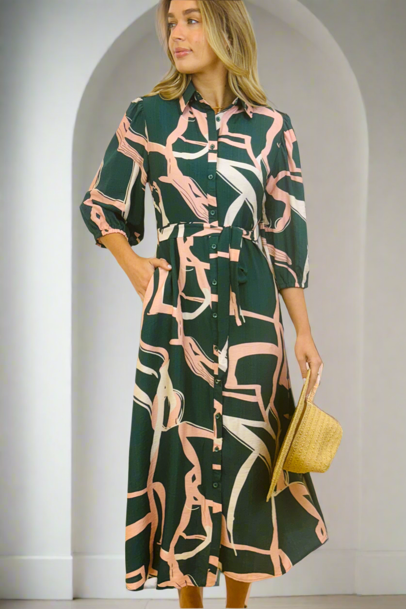 Marlow Midi Shirt Dress in Green and Pink Print