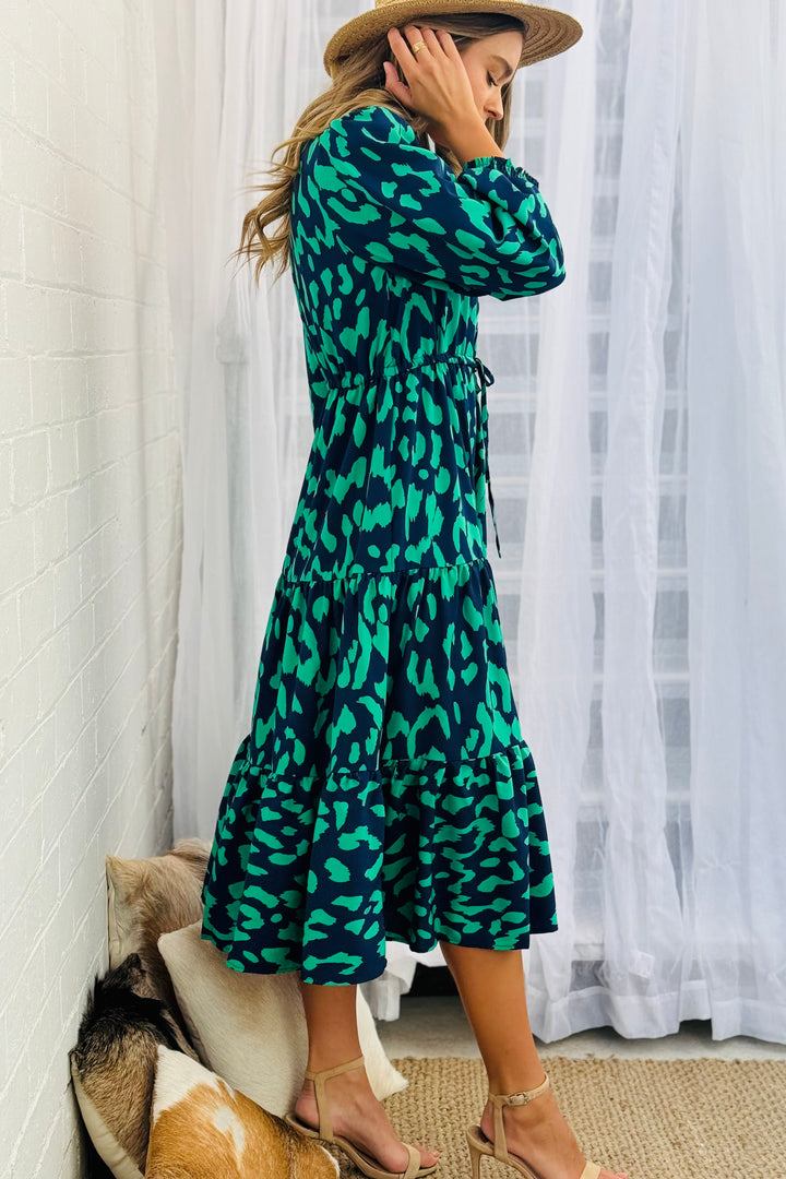 Molli Drawstring Midi Dress in Navy and Green Animal  Print