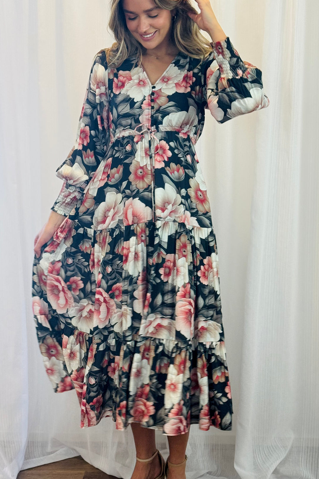Yasmine Floral Drawstring Maxi Dress with Front Split