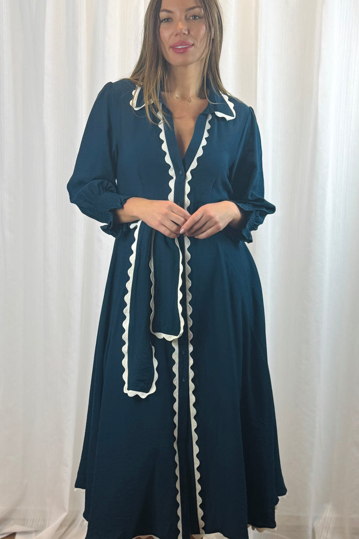 Shyla Dress in Navy with White Trimming
