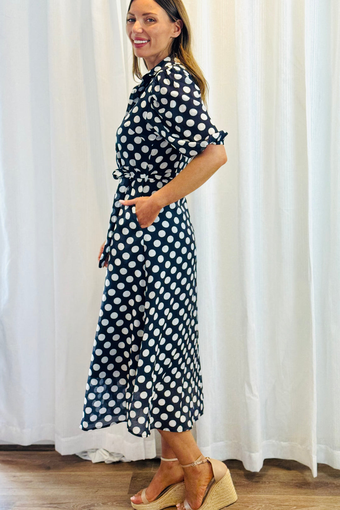 Fallon Shirt Dress In Navy and White Polka Dot-New Print