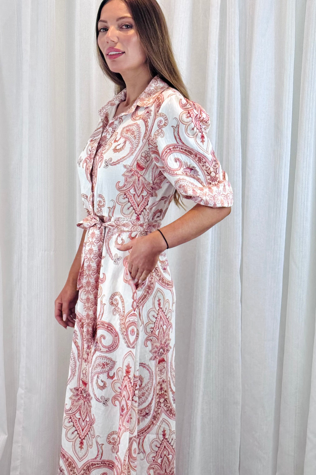 Lenni Paisley Shirt Dress in Off White and Claret Print