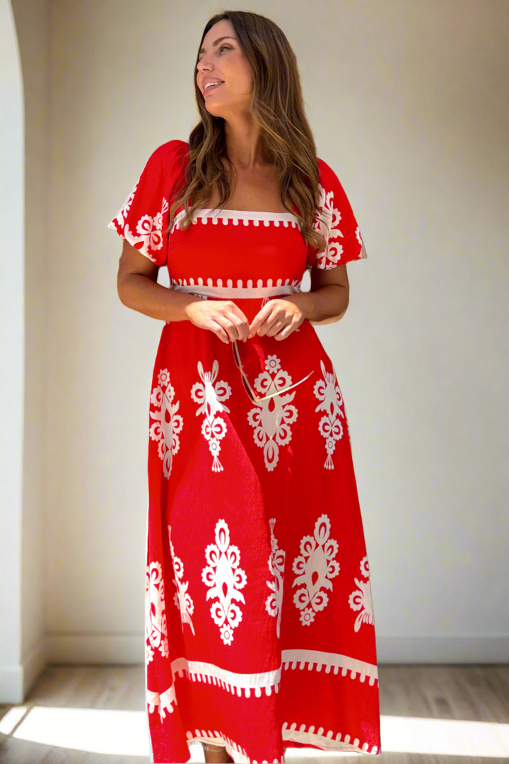 Bonnie Embroidered Print Dress in Red