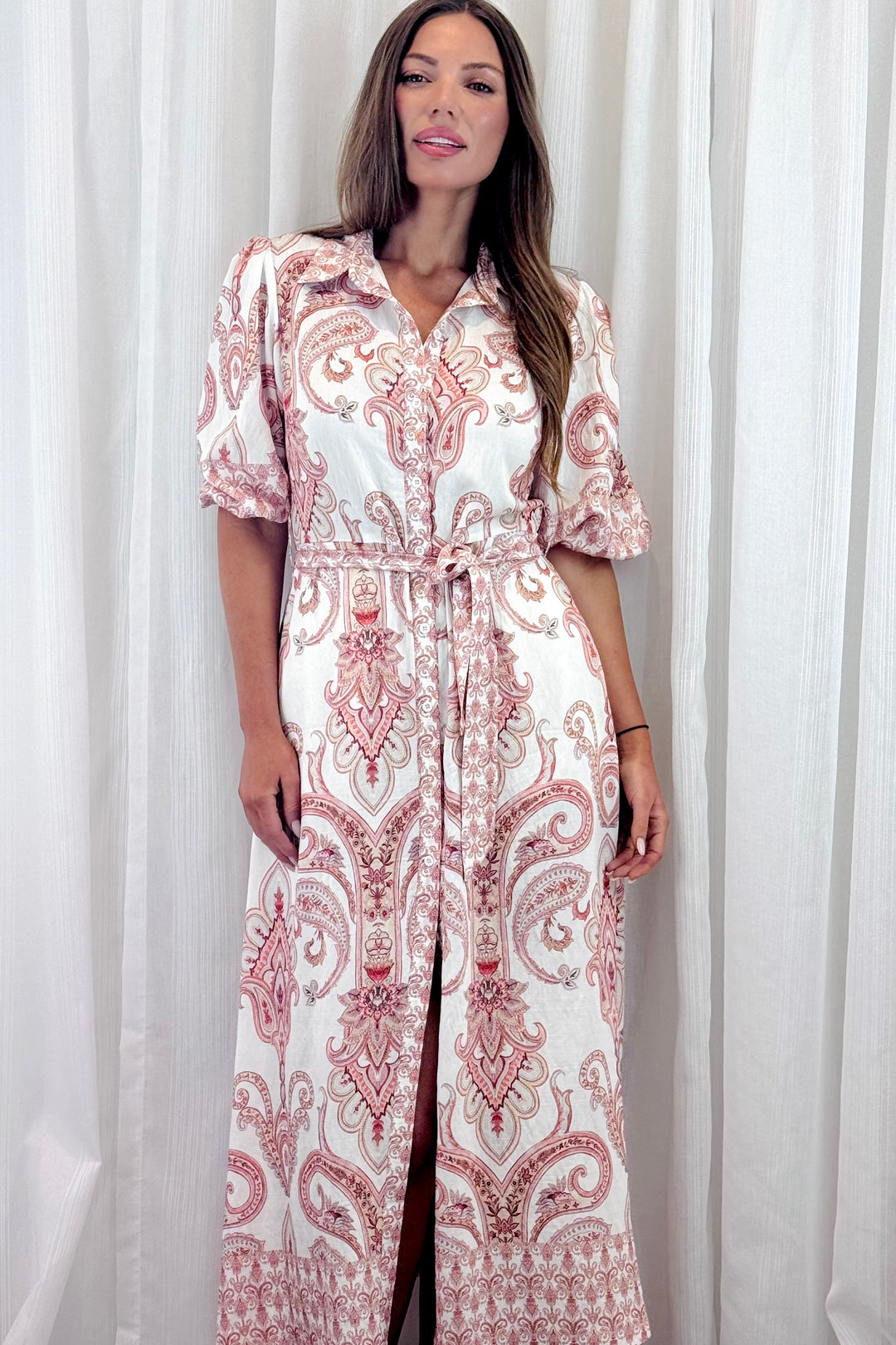 Lenni Paisley Shirt Dress in Off White and Claret Print
