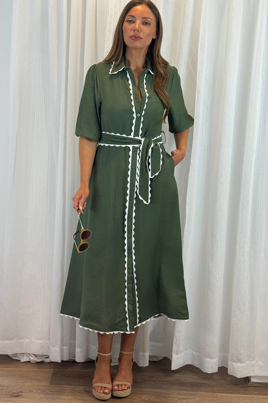 Shyla Shirt Dress in Khaki With White Trim