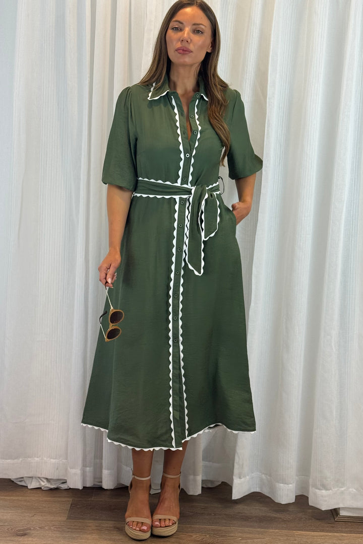 Shyla Shirt Dress in Khaki With White Trim