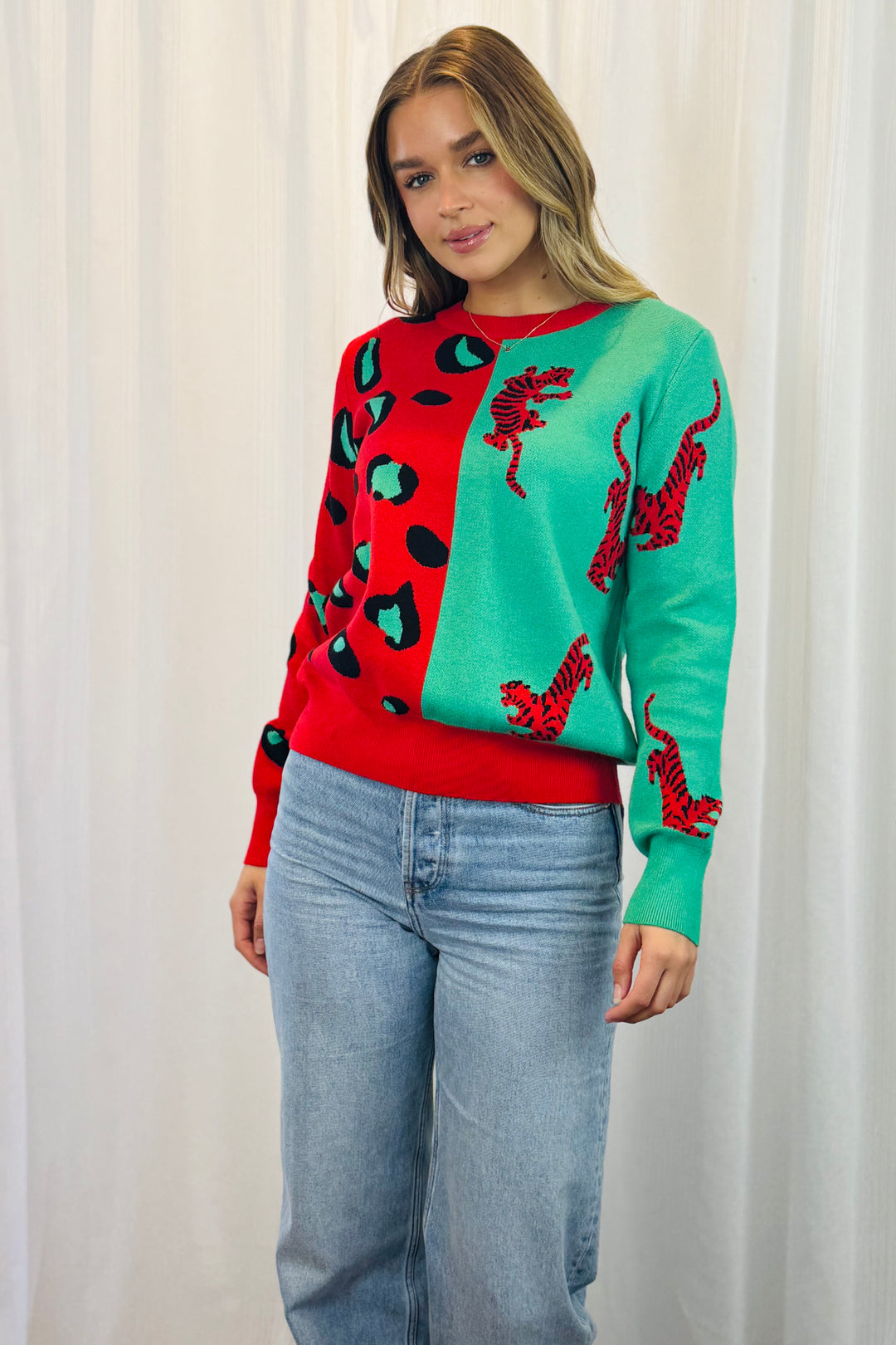 Freda Knit Jumper in Red and Mint Print