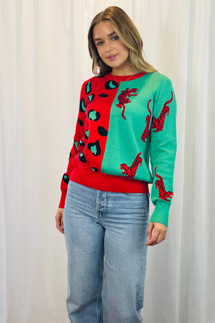 Freda Knit Jumper in Red and Mint Print