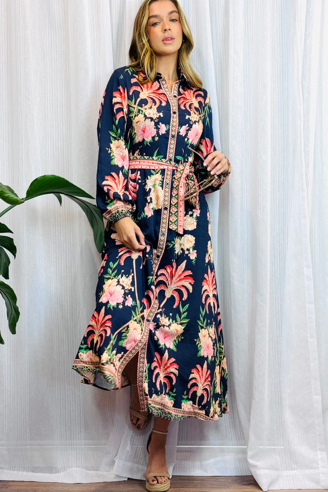 Maddison Long Sleeve Maxi Dress in Navy Print