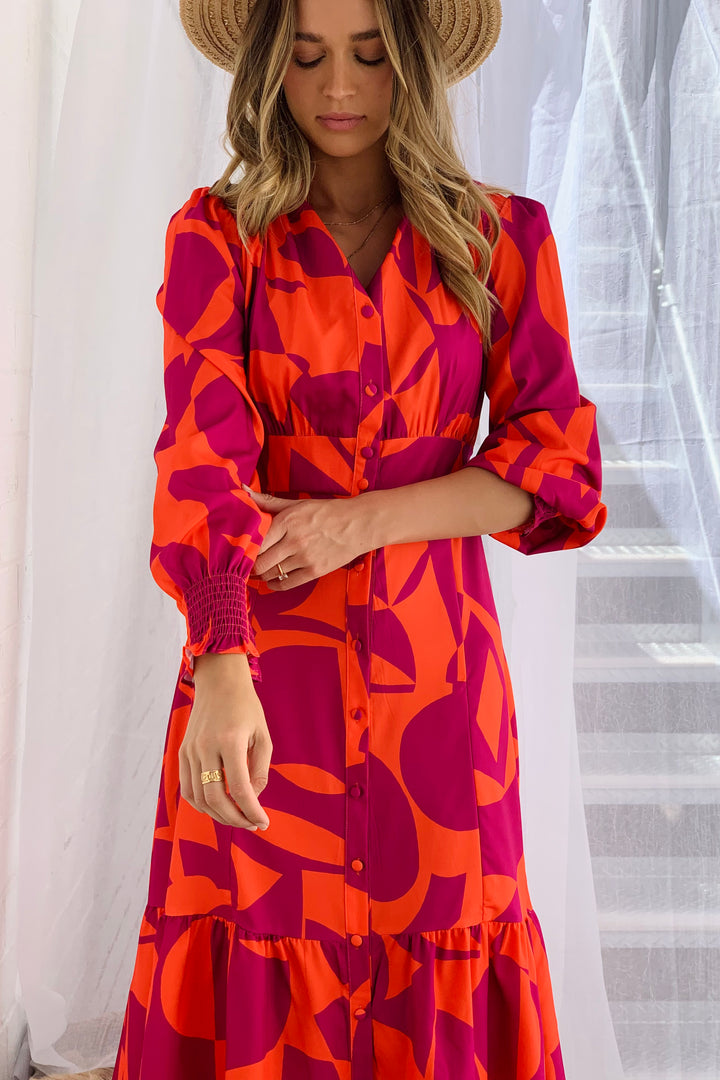 Paige Long Sleeve Maxi Dress in Orange and Purple