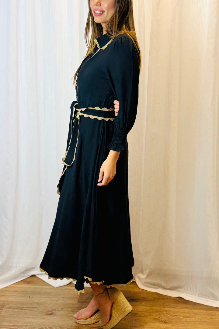 Shyla Midi Dress In Black With Tan Detail