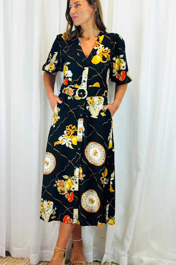Giulia Lemon Print Dress in Black