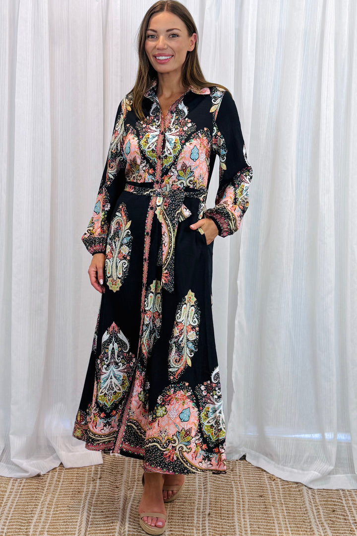 Gidget Long Sleeve Black Embroidered Print Dress in Long Sleeve